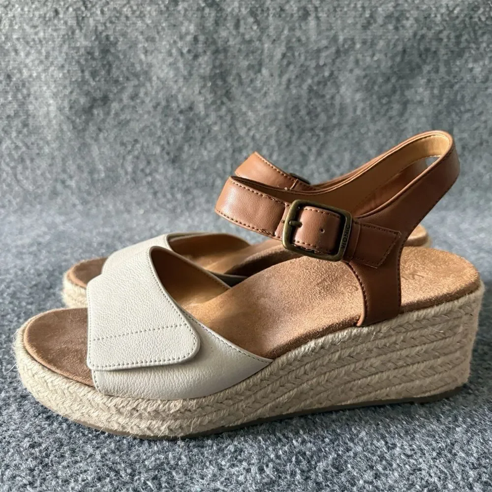 Vionic Sable Brown White Leather Espadrille Wedge Sandals Womens 9 Boho Comfort